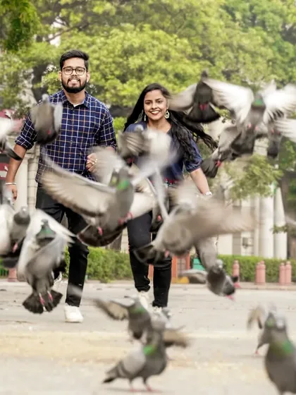 This is a candid, high-energy moment from a pre-wedding shoot in Connaught Place, Delhi. My city sessions focus on capturing your natural interactions against iconic urban backdrops.