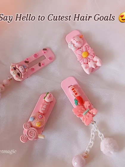 Hair goals achieved! This collection of pink hair clips shows off different styles, from pom-pom tassels to sweet treat charms. They are handmade, budget-friendly, and perfect for school, parties, or everyday fun.