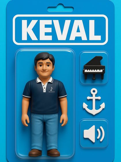 Meet Keval, one of our dedicated piano teachers. His action figure comes with a grand piano, an anchor, and a speaker, symbolizing his steady guidance and love for sound.