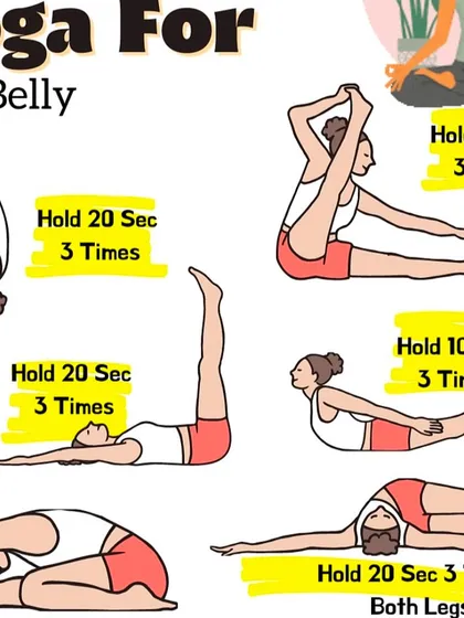 This "Yoga For Flat Belly" chart shows various poses that stretch and strengthen the core, like leg lifts and seated forward bends.