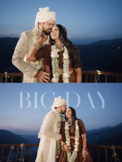 A collage of the couple's portraits against the stunning mountain backdrop at dusk, capturing the romance of their wedding day.