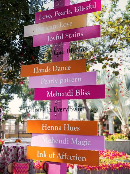 A close-up of the fun, directional Mehendi signpost.