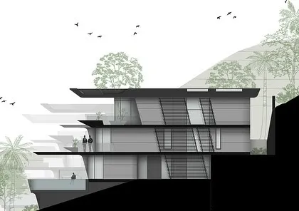 A sectional drawing of our Dona Paula masterplan, showing how the homes are terraced along the steep hillside. This technical drawing clearly illustrates the relationship between the buildings and the natural topography.