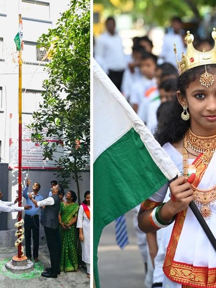 Hoisting the national flag at Samarthanam Trust, alongside a young student dressed as Bharata Mata. A symbolic moment of passing the torch of responsibility to the next generation.