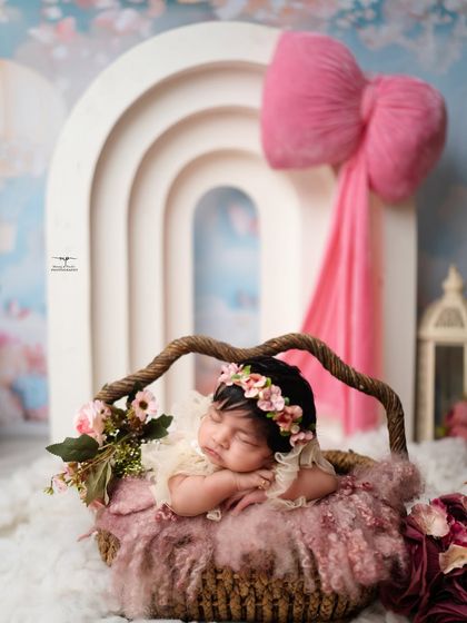 Tucked into a cozy basket with a floral crown, this little one is the picture of sweetness against a dreamy pastel backdrop.