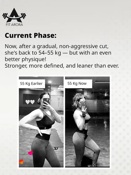 Proof that the scale doesn't tell the whole story. Akarshika weighs the same in both photos, but her body composition is completely different. After a successful muscle-building phase, she is now leaner and more defined at the same body weight.