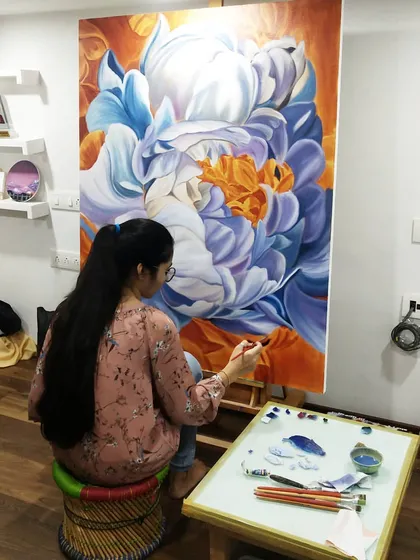 Slowly making my way through this giant, complicated floral painting. It's all about patience and adding one brushstroke at a time.