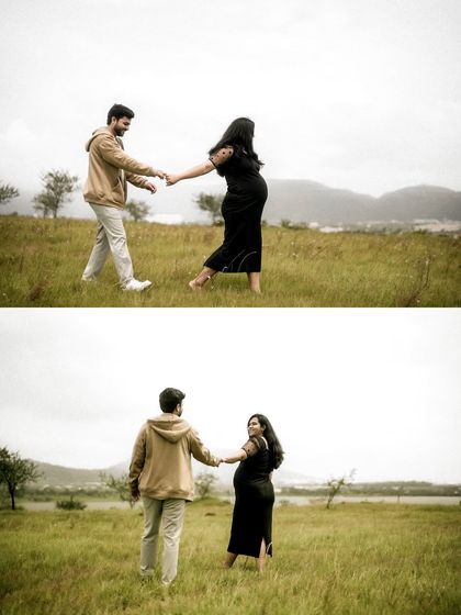 This collage captures the couple walking hand-in-hand through a field from different angles, showing their connection and the beautiful, open landscape around them.