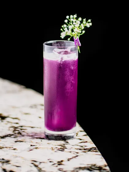 Simple, elegant, and beautiful. A tall, vibrant purple cocktail garnished with delicate baby's breath flowers, showcasing a minimalist yet striking presentation.