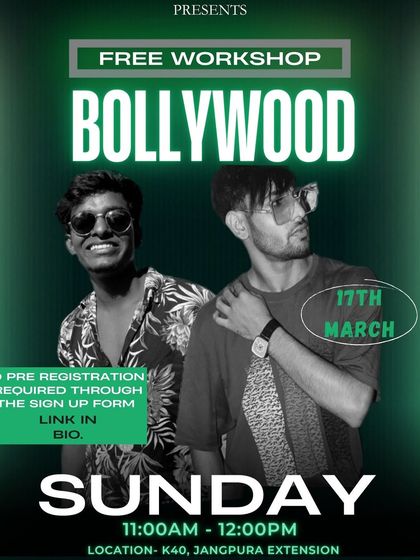 An announcement for a free, fun-filled Bollywood workshop in South Delhi. A great chance to learn some new moves.