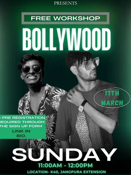 An announcement for a free, fun-filled Bollywood workshop in South Delhi. A great chance to learn some new moves.