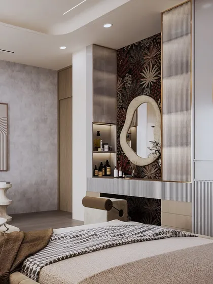 A close-up of the vanity area, featuring a bold, patterned wallpaper and an organic-shaped mirror.