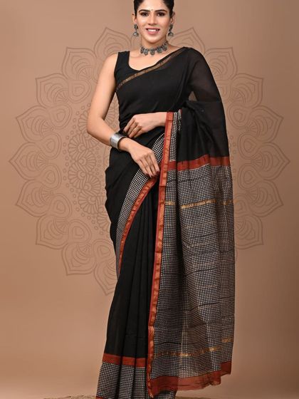 A collection of pure Chanderi cotton silk sarees with traditional hand block prints, perfect for an elegant, earthy look.