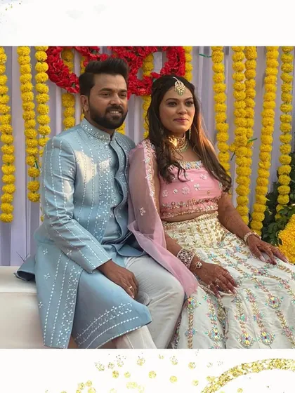 A beautiful, bright look for a Haldi or Mehendi ceremony. The groom's powder blue kurta with subtle embroidery is a great match for the bride's light and festive lehenga.