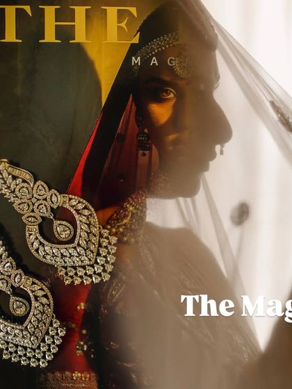 An artistic shot combining a portrait of a bride with a close-up of her magnificent diamond earrings, creating a magazine-cover effect.