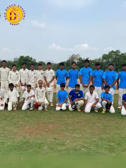 Two of our youth cricket teams come together for a group photograph at the Don Bosco Academy, Nerul. This image showcases the scale of our program and the large community of players we train.