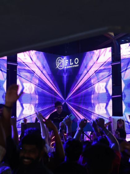 The crowd at Flo, Bangalore, with their hands up, bathed in purple light. A perfect start to the tour.