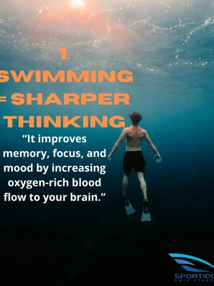 Benefit number one: Swimming equals sharper thinking. It improves memory, focus, and mood by increasing oxygen-rich blood flow to the brain.