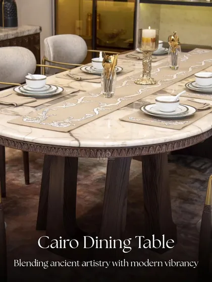The Cairo Dining Table blends ancient artistry with modern vibrancy. It combines classic materials like natural marble and wood with a contemporary oval design, creating a functional and stylish centerpiece for memorable family gatherings.