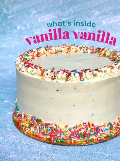 What's inside my Vanilla Vanilla cake? A colourful funfetti sponge and a creamy vanilla bean buttercream, decorated with more rainbow sprinkles.