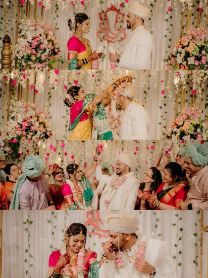 A collage capturing the fun and excitement of the 'Varmala' ceremony, with family and friends cheering on the couple.
