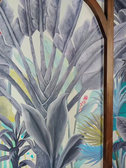 A close-up of the hand-painted tropical foliage, showcasing the subtle color gradients and detailed brushwork.