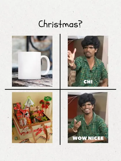 A fun meme comparing a plain mug to a full Christmas hamper. Let's upgrade your gifting game this season!