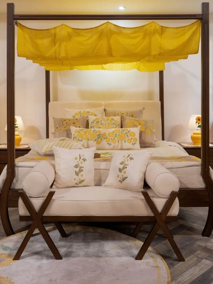 A timeless four-poster bed, designed for our collaboration with Gaurang Home. Draped in a yellow canopy inspired by natural dyes, this piece is a celebration of sustainable luxury, artisanal skill, and the interplay between wood and handcrafted fabric.