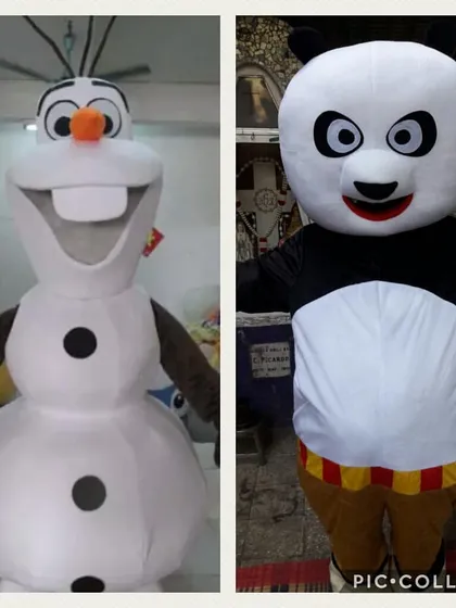 A look at two popular characters available for hire. On the left is the Olaf mascot from Frozen, and on the right is the Kung Fu Panda mascot.