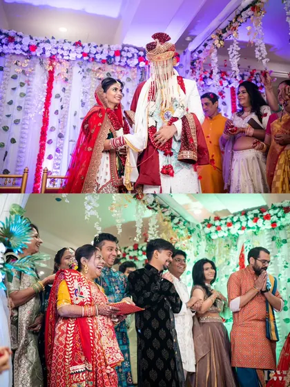A collage of a vibrant Hindu wedding ceremony, showing the joyful rituals and the happy faces of the family members.