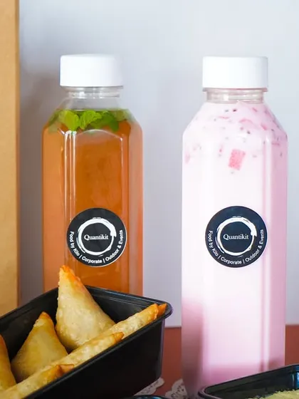 Refreshing beverages to accompany the feast. Here you can see my homemade Mohabbat Ka Sharbat and Jaggery Lemon Basil Seed Mojito, bottled and ready for delivery.