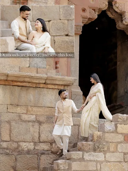 This layout shows the couple on the ancient stone steps of a monument. It captures both a candid moment of conversation and a classic pose, highlighting their love story against a historic backdrop.