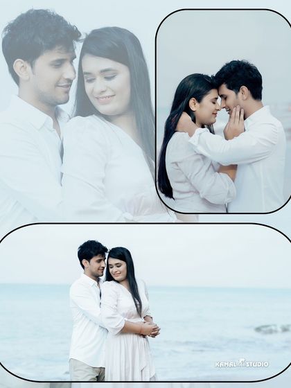 A collage of intimate embraces by the ocean, capturing the quiet and tender moments of the pre-wedding shoot.