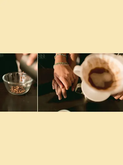 A detail-oriented collage from a coffee-themed shoot, showing the process of brewing coffee and the couple holding hands.
