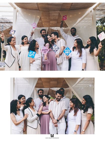 Group photos filled with fun and laughter. The guests hold up "Team Boy" and "Team Girl" signs, adding a playful element to the baby shower memories.