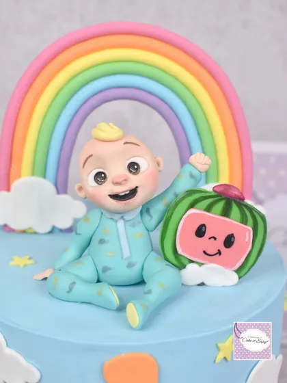 A close-up of the hand-sculpted JJ figurine and the iconic Cocomelon watermelon logo. I focus on capturing the happy and friendly expressions of these characters.