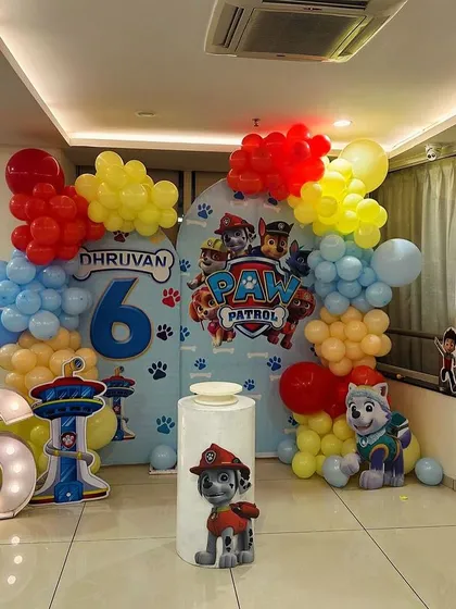 This is a duplicate of ID 55. A full view of a Paw Patrol themed setup. This decoration includes a large backdrop, multiple character cutouts, a themed plinth, and a light-up marquee number.