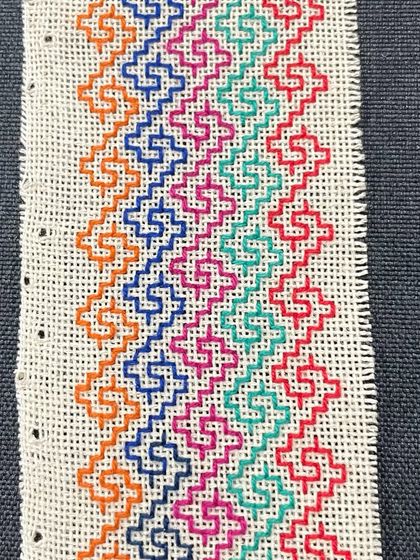 A colorful Kasuti pattern designed to be a phone insert for a transparent case. It's a modern application for a traditional craft, allowing you to carry a piece of art with you every day.