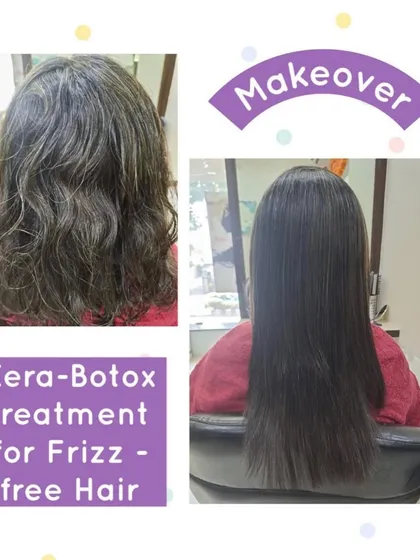 A fantastic Kera-Botox transformation. We took this client's frizzy, damaged hair and made it smooth, straight, and incredibly easy to style, as you can see in the 'after' shot.