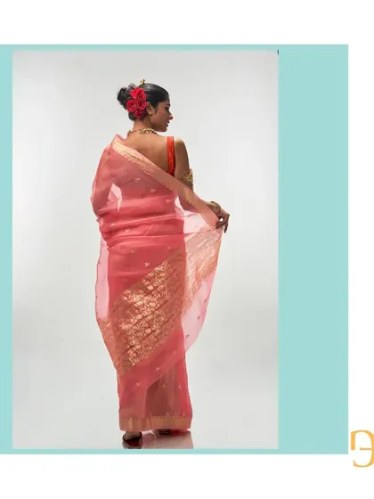 Another look at the back of the salmon organza saree, showing the beautiful craftsmanship of the handwoven floral pallu.