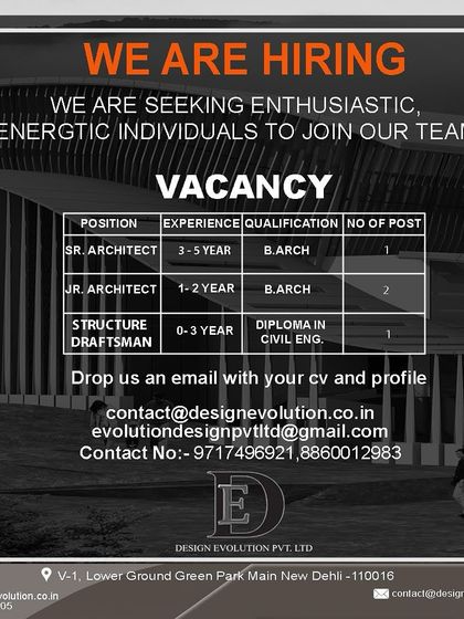 Design Evolution in Delhi is hiring for multiple roles, including a Senior Architect (3-5 years) and two Junior Architects (1-2 years).
