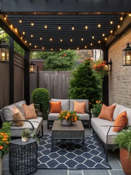 We created a cozy and intimate atmosphere in this patio space using a dark-stained pergola strung with cafe lights. The combination of a brick accent wall, patterned outdoor rug, and comfortable seating makes it an inviting extension of the home.