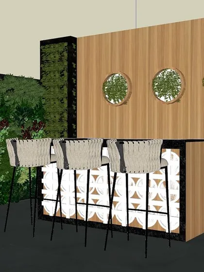 A 3D design concept for a terrace bar area in Gurgaon. This plan includes a chic bar counter, stylish seating, and vertical green walls, creating a perfect space for parties and gatherings.