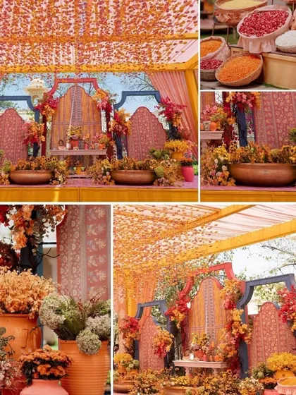 A collage showcasing the rich details of a terracotta-themed haldi. It includes the main seating area, floral arrangements, and baskets of petals, all in warm, earthy tones.