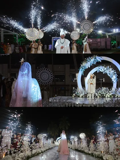 A collage of a spectacular wedding entry, featuring the groom's procession with cold pyro sparklers and the bride's grand walk down a flower-lined aisle.