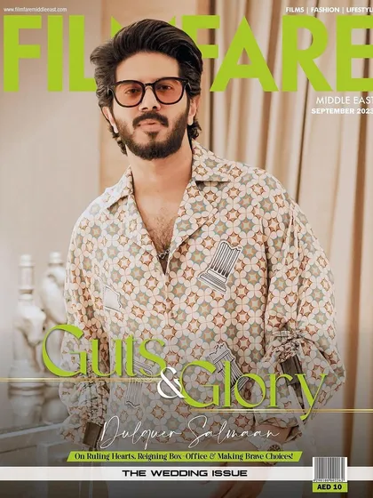 The cover of Filmfare Middle East with the incredible Dulquer Salmaan. I selected this printed Kanika Goyal shirt to give a relaxed yet regal feel, fitting for the 'Guts & Glory' theme.