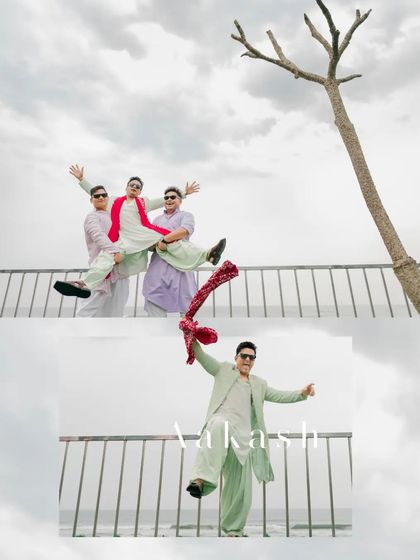 A collage showing the groom's friends playfully lifting him, and his own energetic dance moves at the beach Haldi.