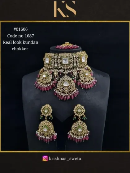 An exclusive real-look Kundan choker set with ruby bead drops. This premium bridal set is designed to look and feel like fine jewellery, perfect for a bride's special day.