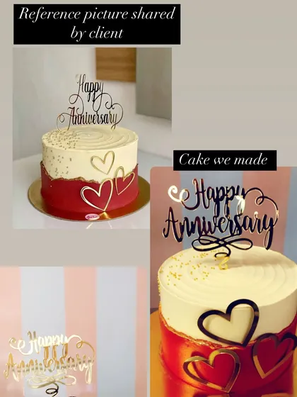 We love bringing your vision to life. This image shows a side-by-side comparison of the client's reference picture and the final anniversary cake we created, demonstrating our commitment to precision and quality in every custom order.
