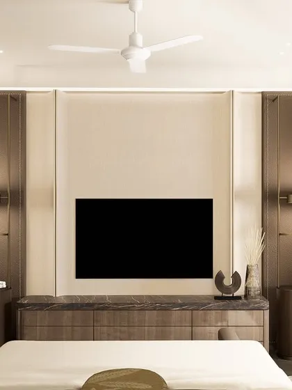 A closer look at the TV and console unit in a contemporary Gurugram bedroom. The design features veneer cladding with natural grain and custom stone shelves that add character and texture.